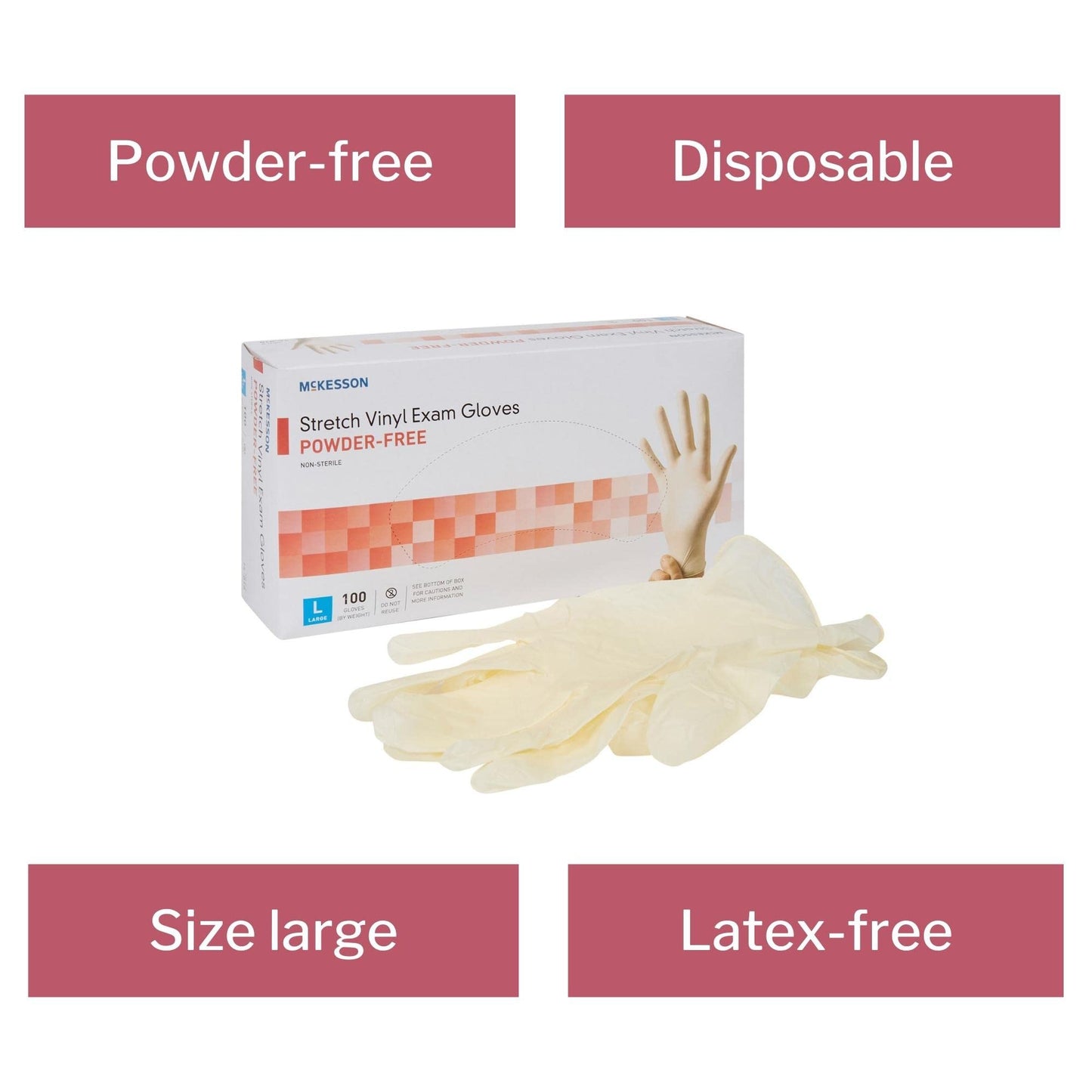 McKesson 14-818 Vinyl Exam Gloves, Non-Sterile, Powder-Free, Large,