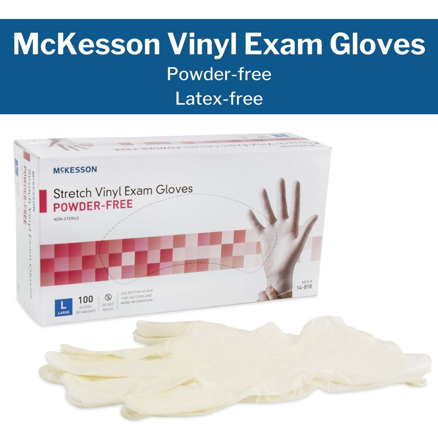 McKesson 14-818 Vinyl Exam Gloves, Non-Sterile, Powder-Free, Large,