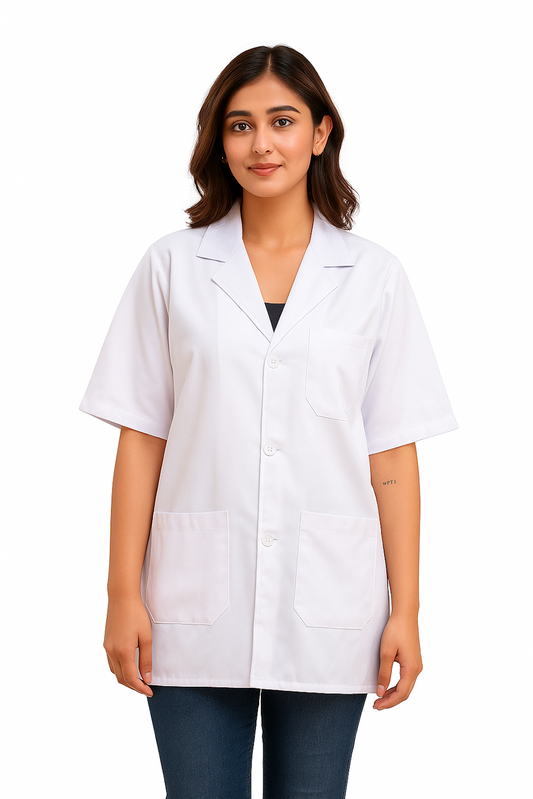 Professional Woman in Short-Sleeve White Lab Coat (SIZE S)