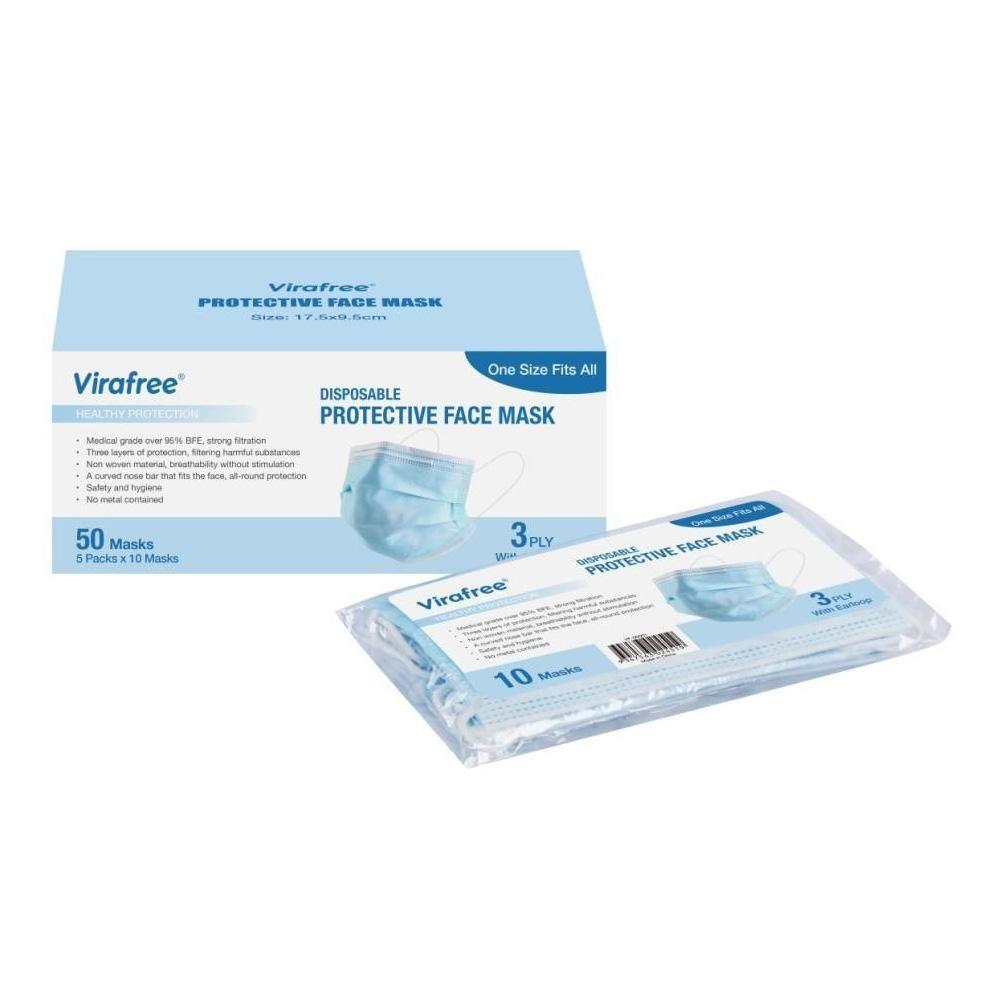 50 Pack VirafreeÂ® 3 Ply Disposable Protective Face Mask | Medical and